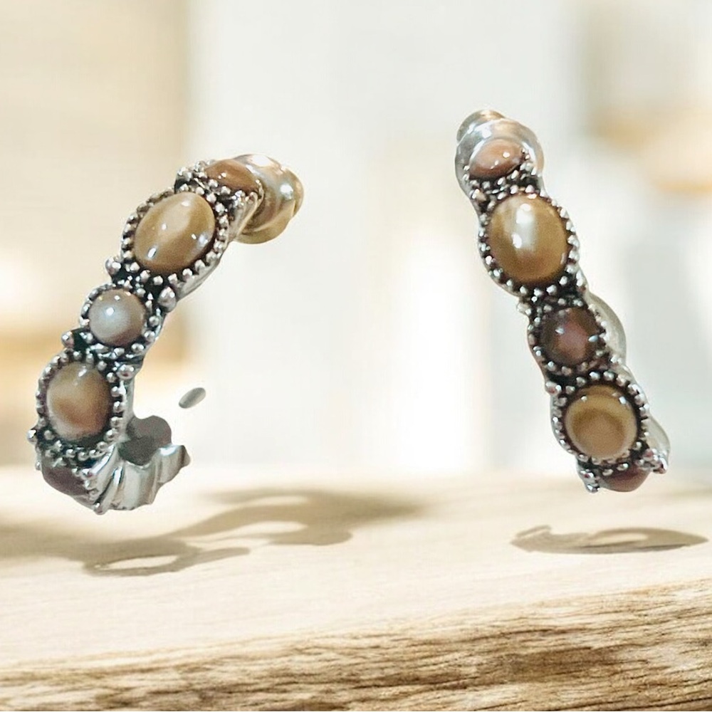 Elegant Silver and Brown Hoop Earrings - Picture 3 of 5